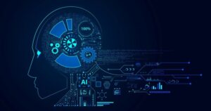 Against a dark-blue background, a human head is profiled. Gears and icons inside the head represent thought, while icons, graphs, and lines outside the head represent AI and information processing.