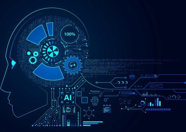 Against a dark-blue background, a human head is profiled. Gears and icons inside the head represent thought, while icons, graphs, and lines outside the head represent AI and information processing.