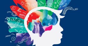 Against a dark blue background, the white shape of a human head looks to the right. Bands of bright color with icons representing thought and creativity emanate from the top and back of the head.