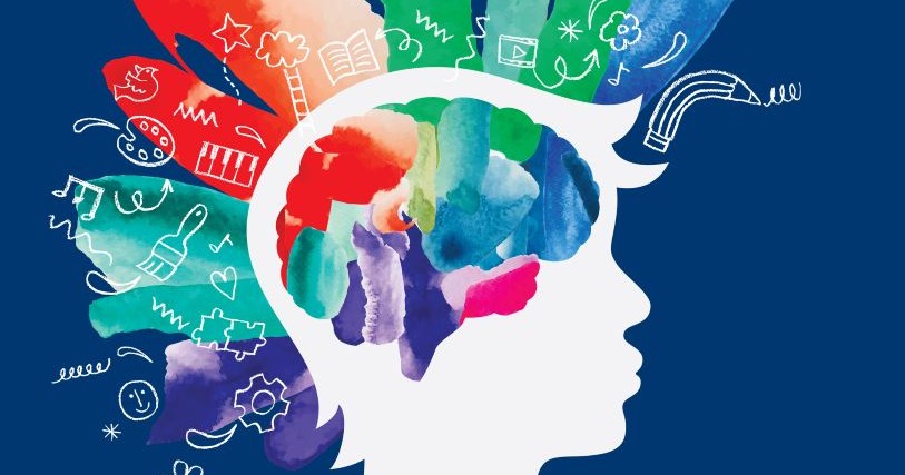 Against a dark blue background, the white shape of a human head looks to the right. Bands of bright color with icons representing thought and creativity emanate from the top and back of the head.