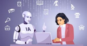 A white AI robot and a dark-haired woman wearing a red blazer look at a laptop. They are surrounded by icons symbolizing education and testing, including a book, a microscope, and a scroll, all against a gray background.