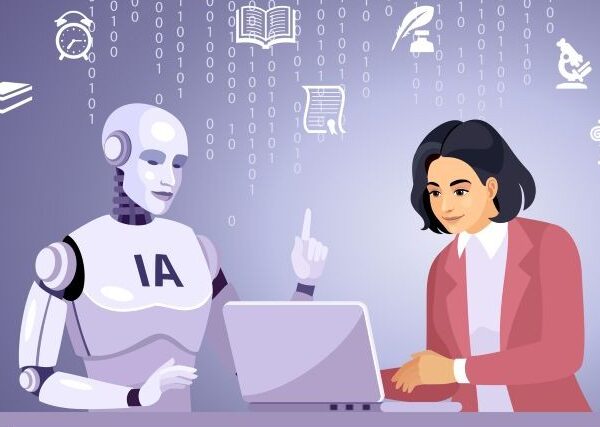 A white AI robot and a dark-haired woman wearing a red blazer look at a laptop. They are surrounded by icons symbolizing education and testing, including a book, a microscope, and a scroll, all against a gray background.