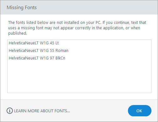 Screenshot showing the missing fonts dialog box.