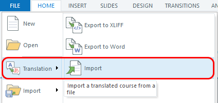 Screenshot of the translation import dialog box.