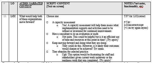 Partial script of LO2 learner experience detailing plan for design and data collection