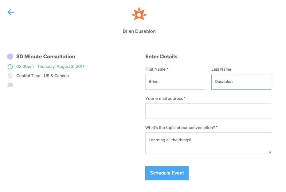 The Calendly meeting scheduling screen