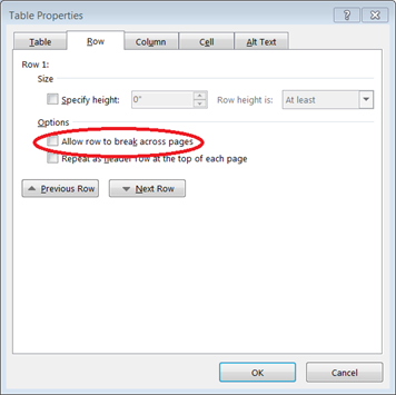 In the Table Properties dialog box, you can decide whether to allow rows to be split across page breaks. This box needs to be unchecked to override Word’s default setting.