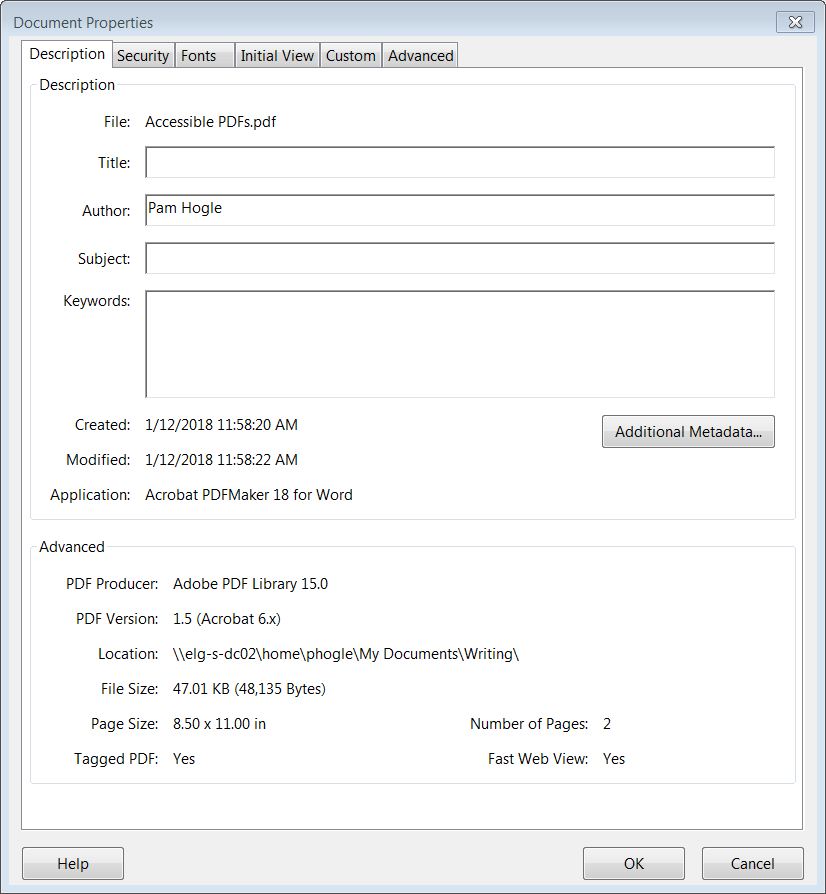 The Document Properties dialog box is where developers can set a title, document language, and other characteristics.