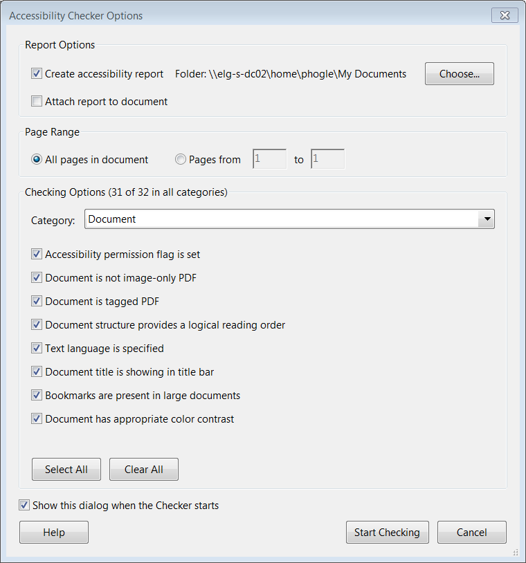 The Full Check dialog box lists all the attributes that an accessible PDF requires.