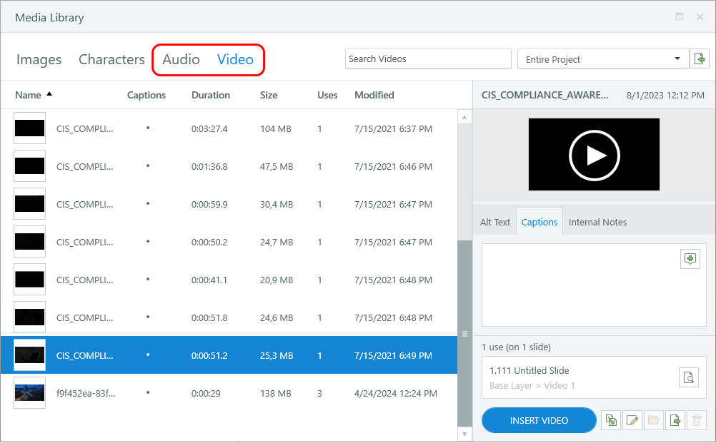Screenshot with the Audio and Video tabs highlighted in the media library.