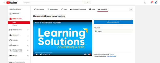 The Set Video Language dialogue box offers a list of languages; select the predominant language of the dialogue in the video.