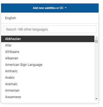 When you set the video language, existing subtitle or caption languages, if any exist, are listed. 