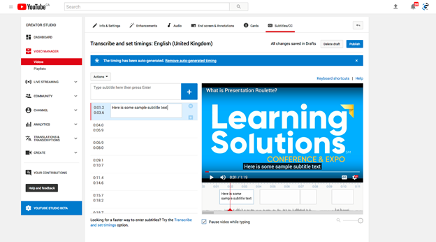 Choosing to create new subtitles from scratch opens a screen with blank caption boxes and automatically generated time frames. These are easy to change.