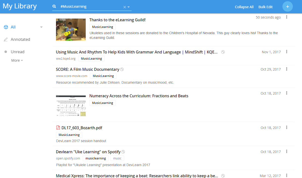 A single Diigo link opens a list of linked resources related to #MusicLearning.