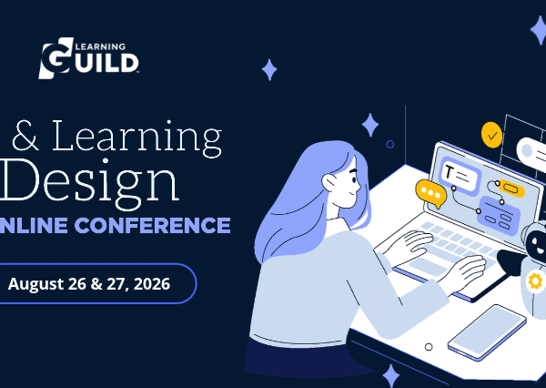 Person on laptop with AI agent. "AI & Learning Design Online Conference"