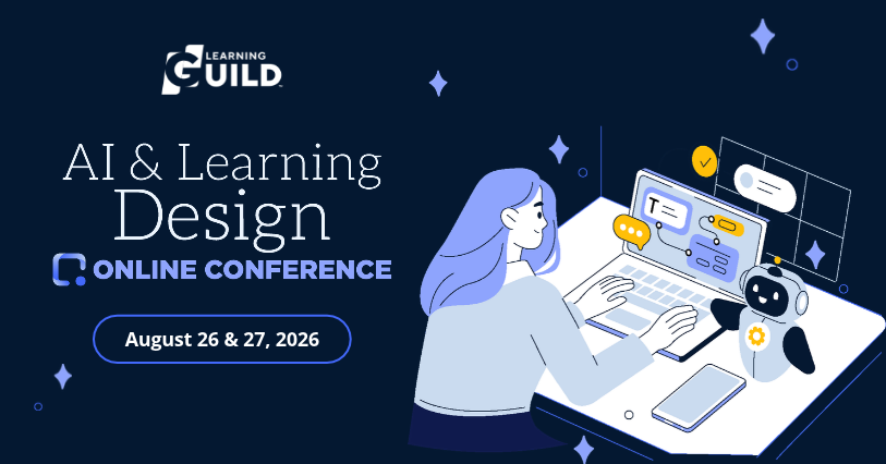 Person on laptop with AI agent. "AI & Learning Design Online Conference"