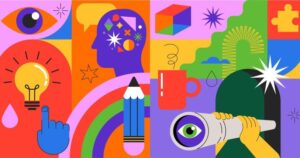 Brightly colored graphics show a light bulb for learn, a pencil and a rainbow for build, and a telescope for do it.