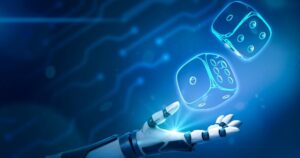 A robot hand tosses 2 dice against a blue background