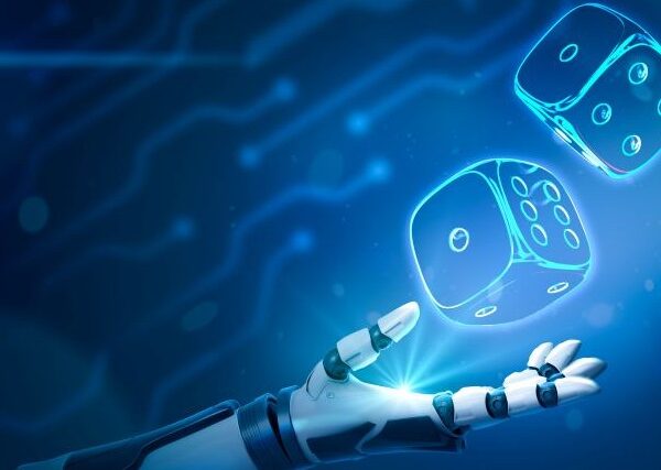 A robot hand tosses 2 dice against a blue background