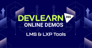 dark purple back ground with "DevLearn 365 Online Demos" logo and text reading "LMS & LXP Tools