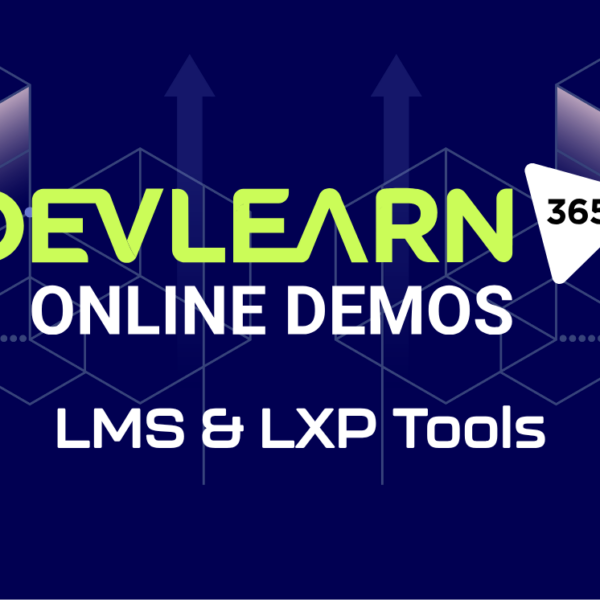 dark purple back ground with "DevLearn 365 Online Demos" logo and text reading "LMS & LXP Tools