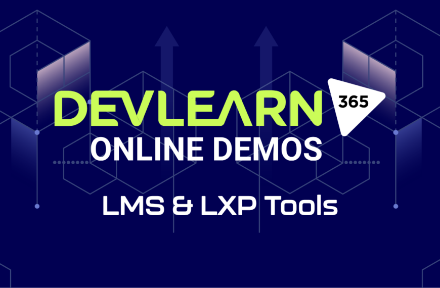 dark purple back ground with "DevLearn 365 Online Demos" logo and text reading "LMS & LXP Tools