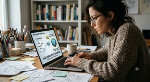 A dark-haired woman looks intently at a laptop showing a "Scaffolding Organizer" and the title "Deep, insightful learning"