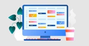 An animated computer screen shows a list of tasks with many checked off as complete