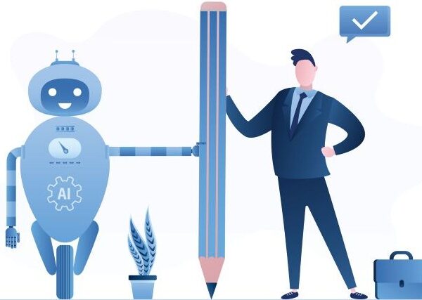 A robot and a cartoon man hold a giant pencil between them; all are shades of blue on a white background