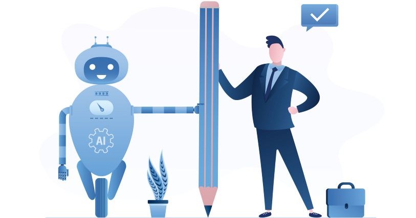 A robot and a cartoon man hold a giant pencil between them; all are shades of blue on a white background