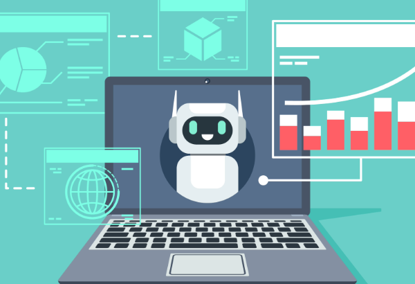 Picture of a laptop with a little ai robot and graphs