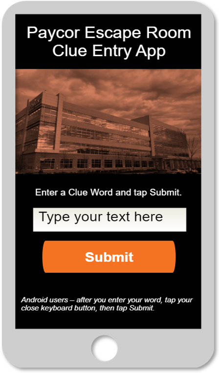 Paycor Escape Room Clue Entry app screen