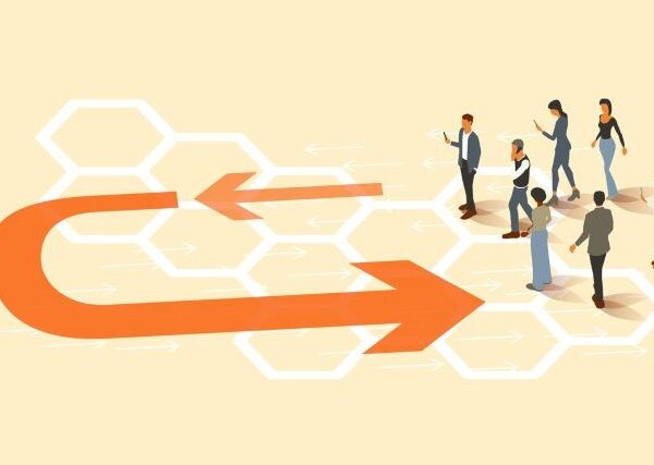 A group of employees stands at one end of a wide orange line with arrows showing the path way, a curve back, and the return to the group