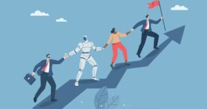 A team of animated employees hold hands with each other and a robot as they scale a hill with an arrow pointing upward. Images are shades of blue on a blue background. One figure has red pants and two have red ties.