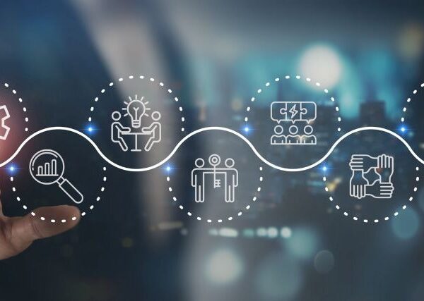 A hand points to one of a series of circles sitting on a wavy line against a blue background; each circle contains an icon representing a challenge: connection, learning, technology, etc.