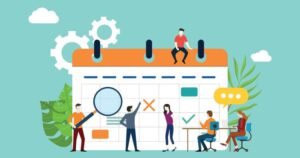 Animated figured of team members look at a calendar, inspect results with a large magnifying glass and talk. The background is a large image of a calendar page on a greenish blue background.