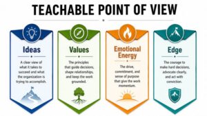 Graphic showing Noel Tichy's TPOV: Ideas, Values, Emotional Energy, and Edge