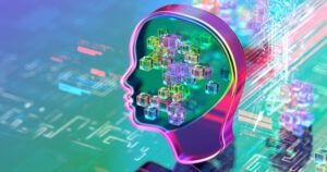 A multicolored head shaped 'agent' rises from a blue and green computer-board background